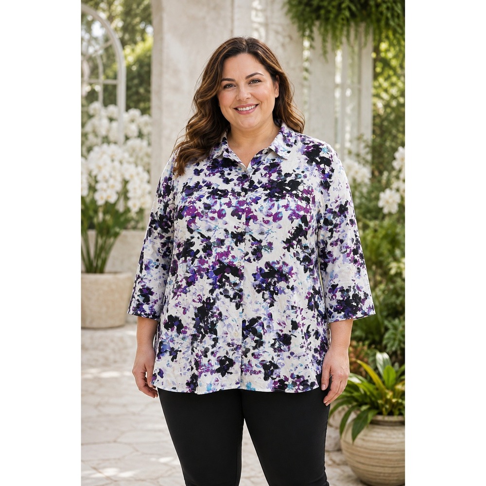 479. Apt. 9 Size 2X Purple Watercolor Floral Button Down 3/4 Sleeve Shirt Blouse